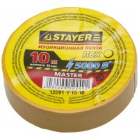 Изолента, STAYER Master 12291-Y-15-10, ПВХ, 5000 В, 15мм х 10м, желтая 12291-Y-15-10