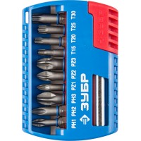 Набор ЗУБР: Биты с магнитным адаптером, Cr-Mo, PH1, PH2, PH3, PZ1, PZ2, PZ3, TORX 15,20,25,30, 11 предметов 26051-H11