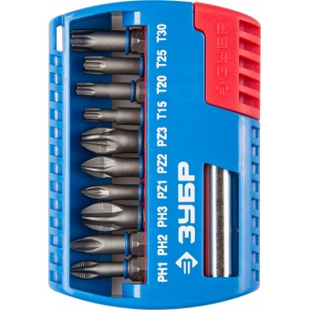 Набор ЗУБР: Биты с магнитным адаптером, Cr-Mo, PH1, PH2, PH3, PZ1, PZ2, PZ3, TORX 15,20,25,30, 11 предметов 26051-H11