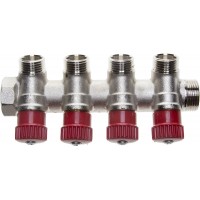 Коллектор GENERAL FITTINGS для горячей воды, вентили, никелированная латунь, вход 3/4" - 4 выхода 1/2" 51046-3/4-1/2-HT4