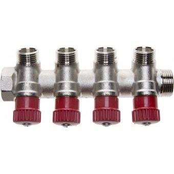 Коллектор GENERAL FITTINGS для горячей воды, вентили, никелированная латунь, вход 3/4" - 4 выхода 1/2" 51046-3/4-1/2-HT4