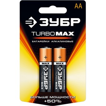 Батарейка ЗУБР "TURBO MAX" щелочная (алкалиновая), тип AA, 1,5В, 2шт на карточке 59206-2C