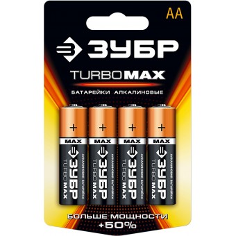 Батарейка ЗУБР "TURBO MAX" щелочная (алкалиновая), тип AA, 1,5В, 4шт на карточке 59206-4C